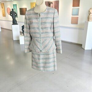 Tahari Arthur S Levine Pink and Gray Tweed Career Skirt Suit Size 12/8 Petite